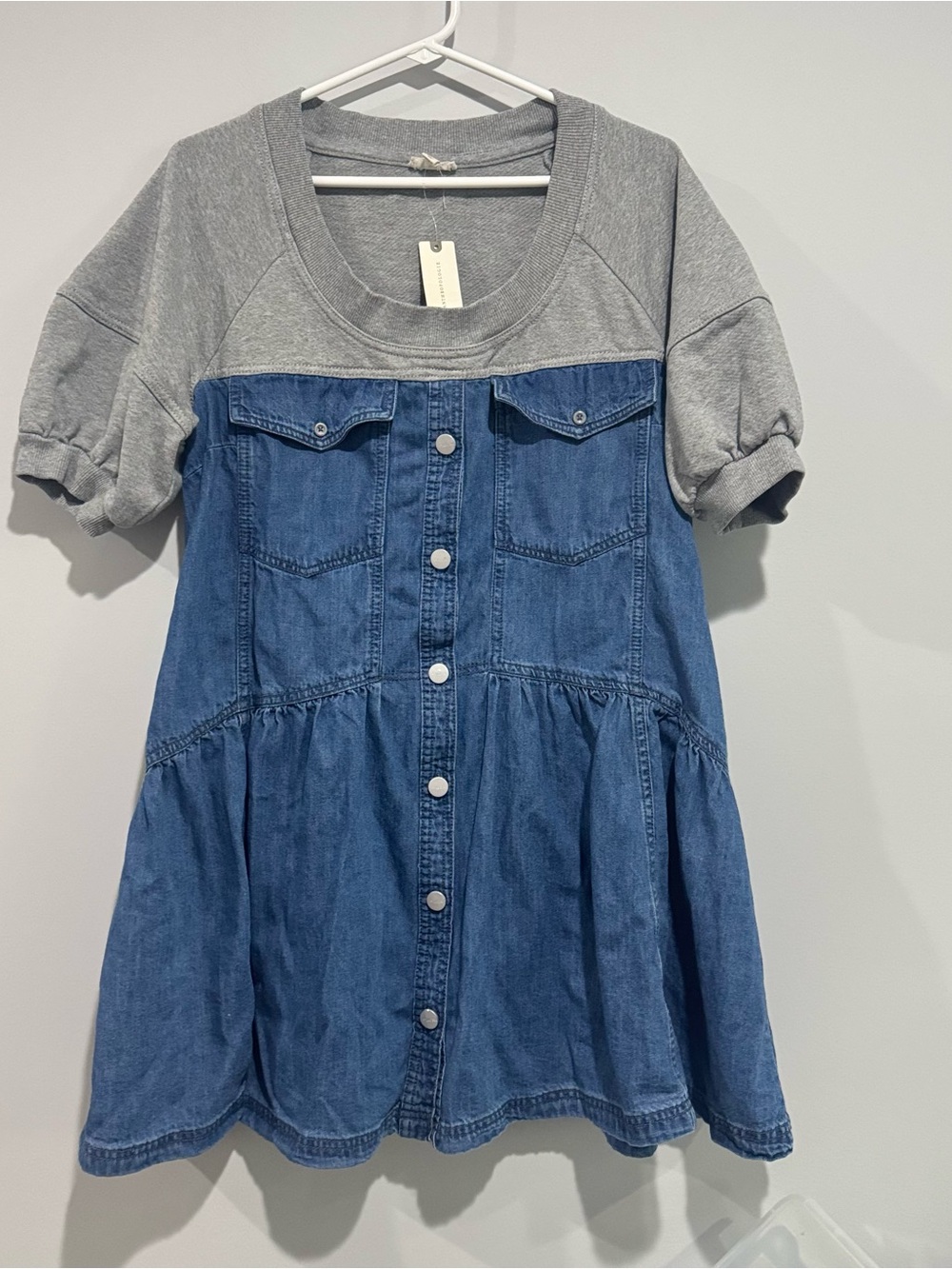 NWT Anthropologie Grey & Blue Denim Button-Front Dress